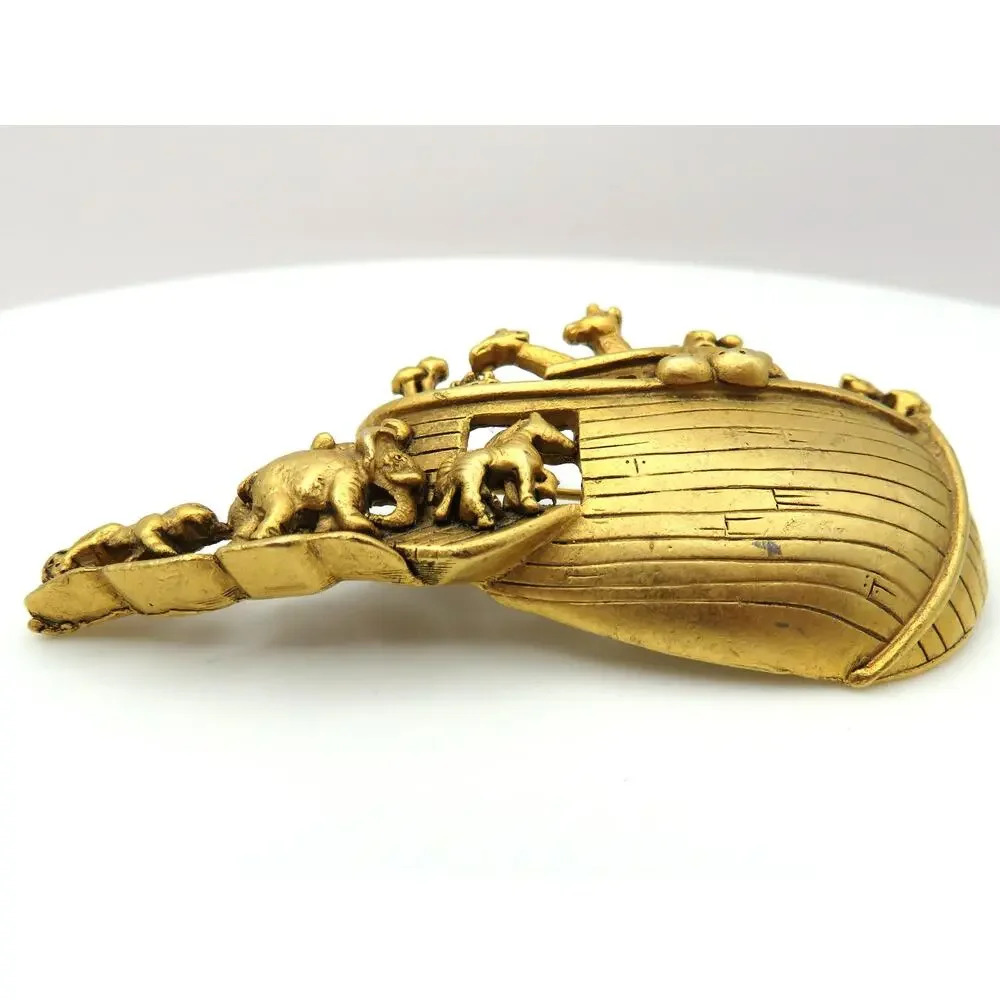 Vintage AJC Noah's Ark Brooch Gold Tone Biblical Pin Signed American Jewelry Co